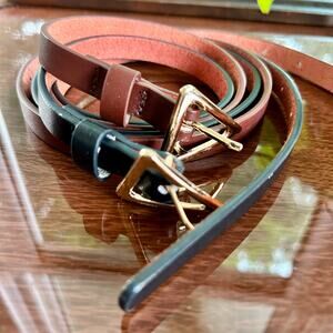 Set of 2 Skinny Belts – Brown & Black with Gold Triangle Buckles – 43” Length